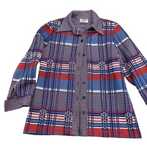 Johns Girl Shirt Women Medium Red Blue Geometric Plaid‎ Double Knit 60s 70s VTG